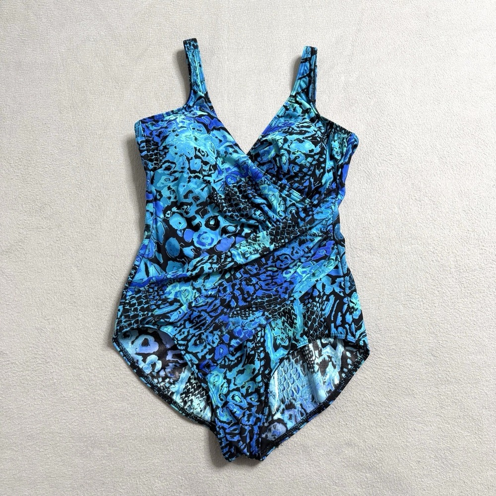 Miraclesuit Swimsuit Womens 12 Blue Geometric One Piece Slimming Support